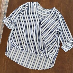 West Kei Blue and White Striped V-Neck Blouse